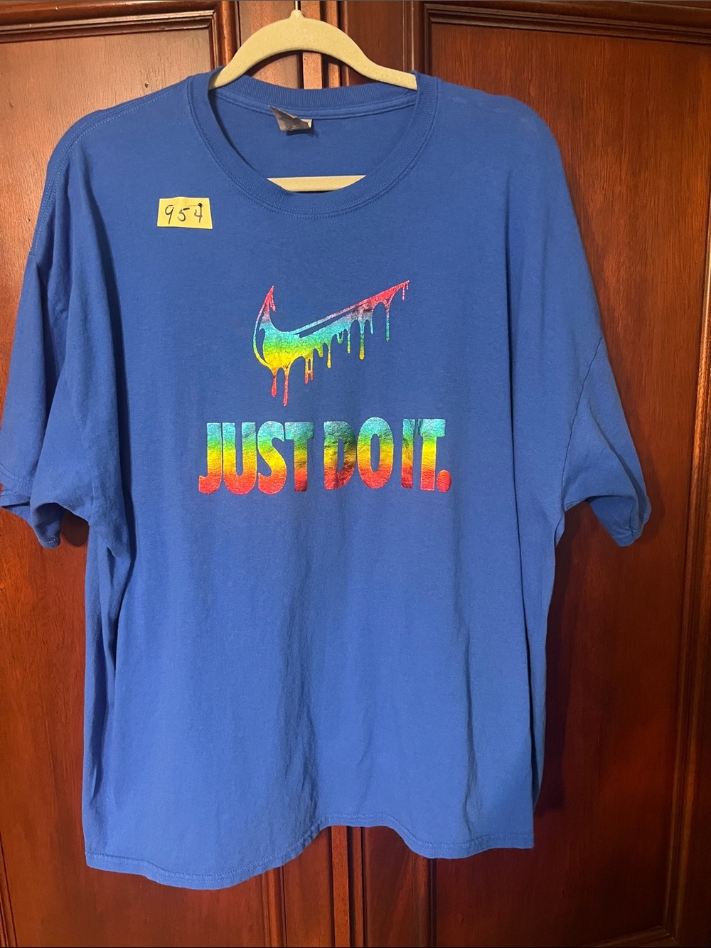 Nike Blue Tee with Rainbow Drip Swoosh and 'JUST DO IT.' Graphic Size 2XL